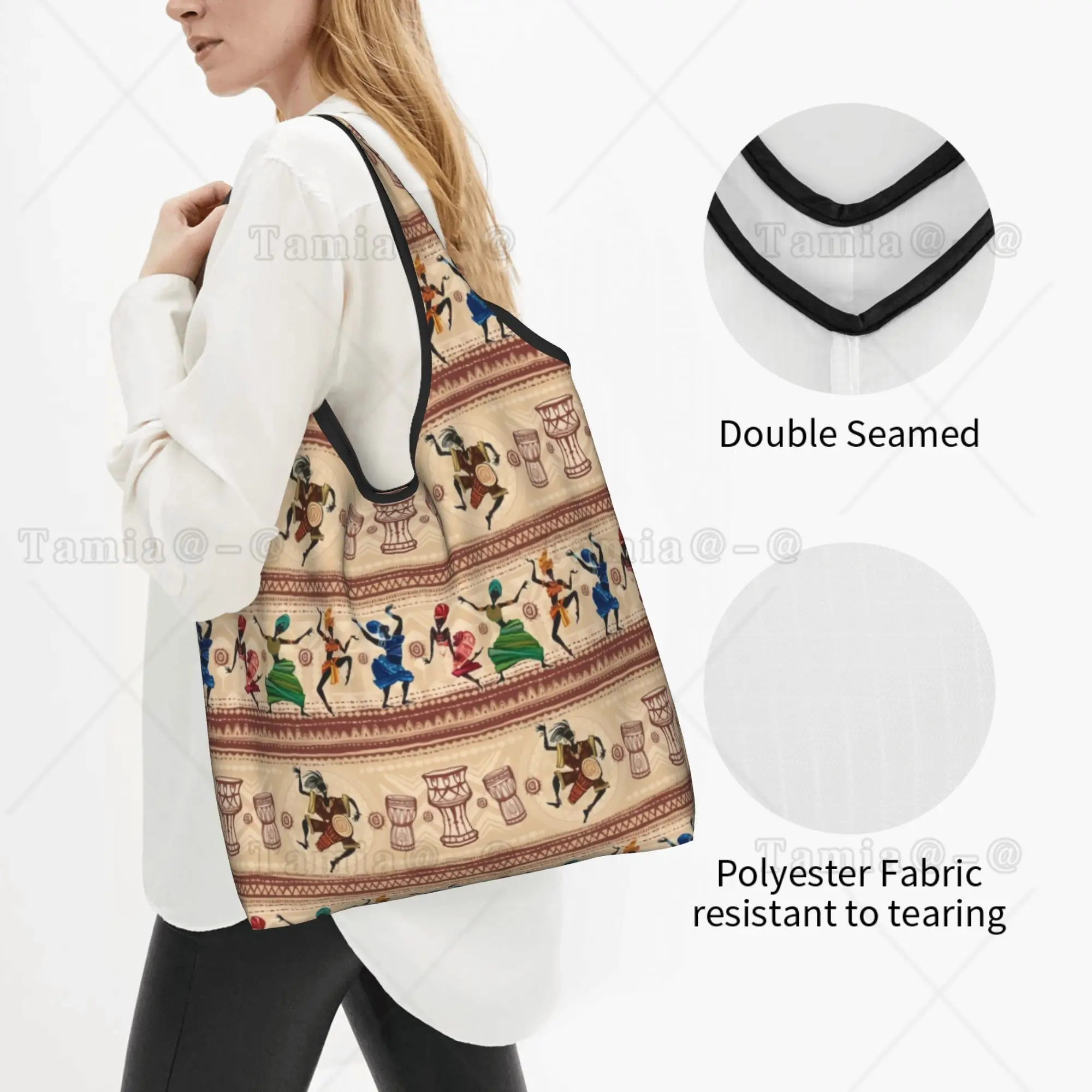 Reusable Africa Ethnic Style Dancing   Shopping Bag Women Tote Bag Portable African Tribal  Grocery Shopper Bags