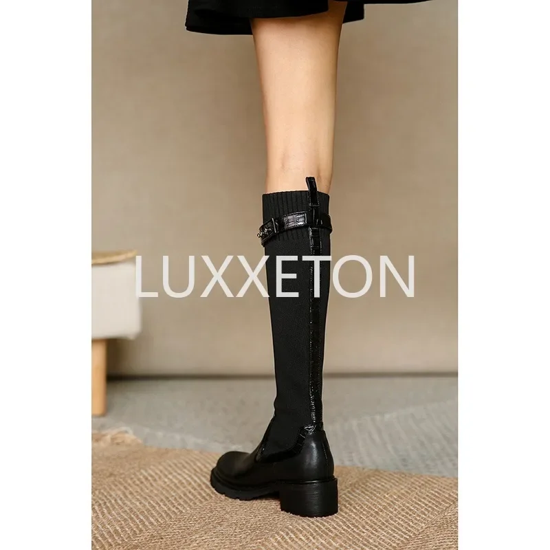 Comemore Sock Boots Women 2024 Winter Knee High Knitting Warm High Boot High Heels Weave Casual Designer Chunky Motorcycle Botas