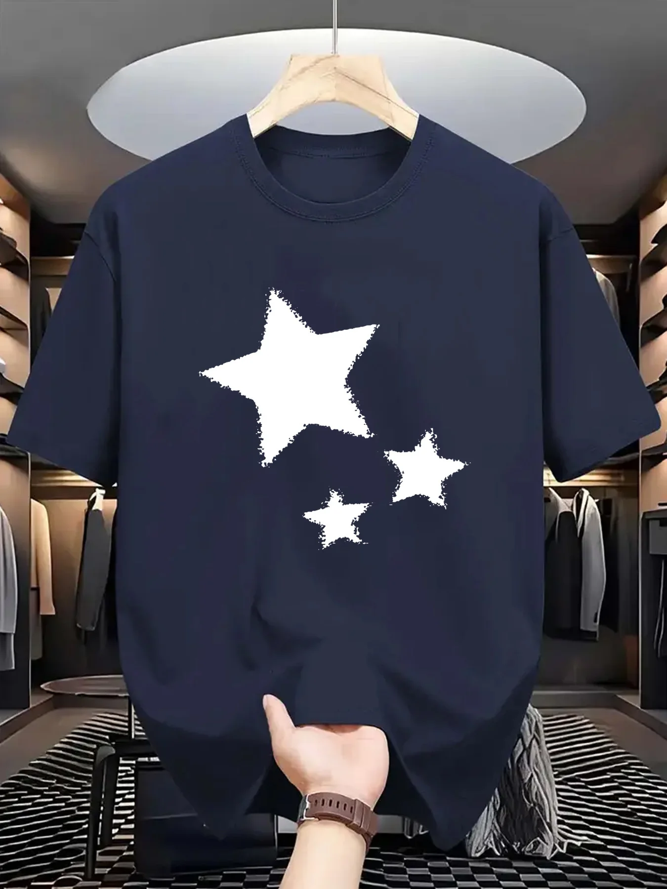 

100% cotton men's loose T-shirt fashionable pentagram pattern printed short sleeved round neck casual top