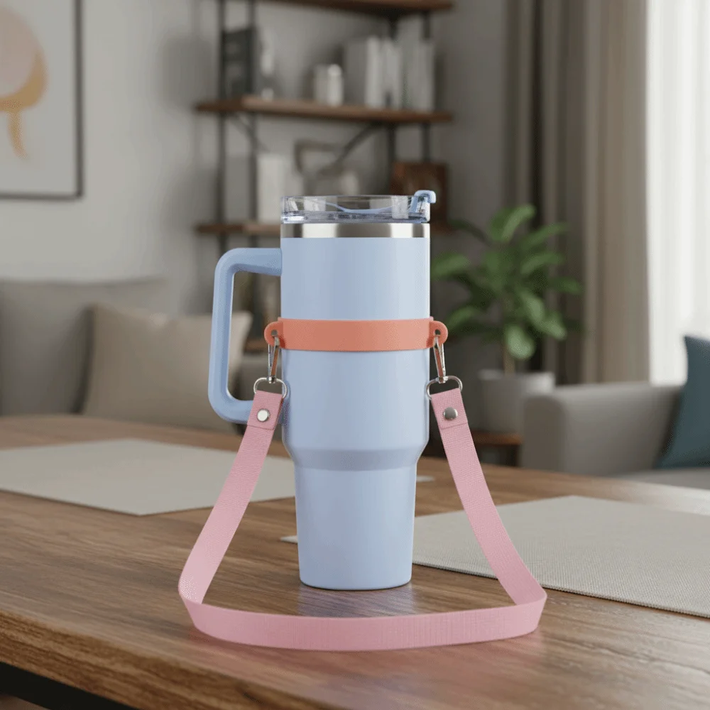Silicone Ring Water Bottle Sling Handle with Adjustable Shoulder Strap Universal Thermos Cup Holder Hands Free