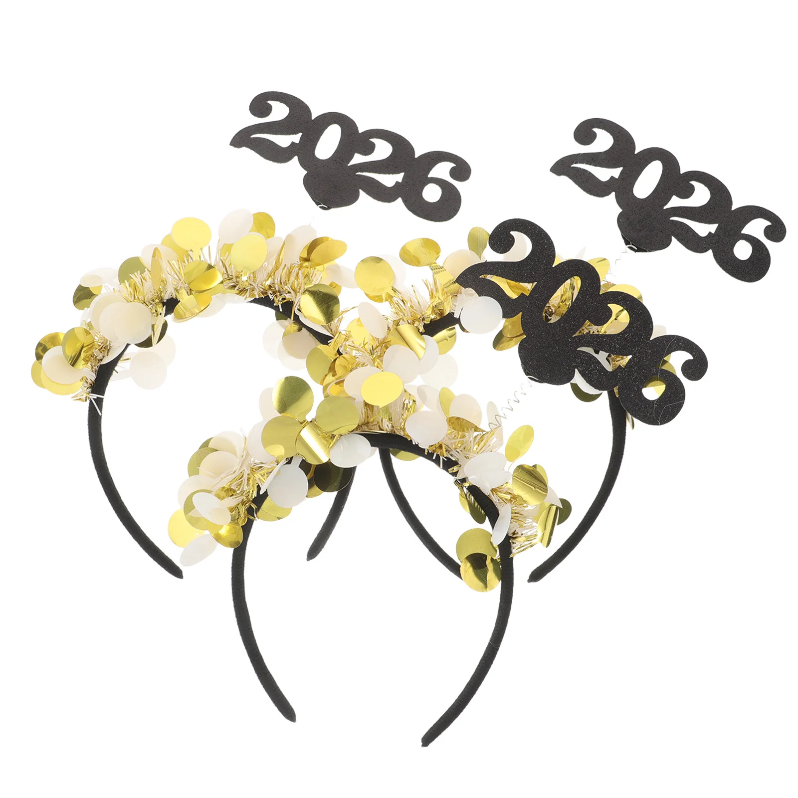 

3Pcs Golden Hair Hoop for Women New Years Eve Party Headwear 2026 Number Design Glittering Headband Festive Photo Booth