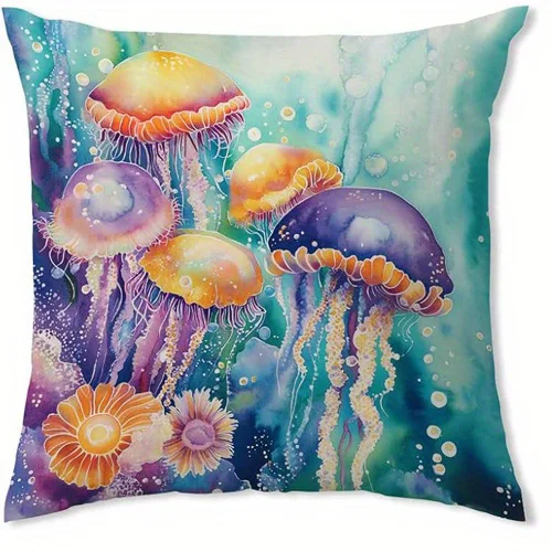 Home Decor Colorful Jellyfish Underwater Ocean Pillow Covers Pattern Cushion Cover Suitable for Sofa Bedroom Car Pillow Cover