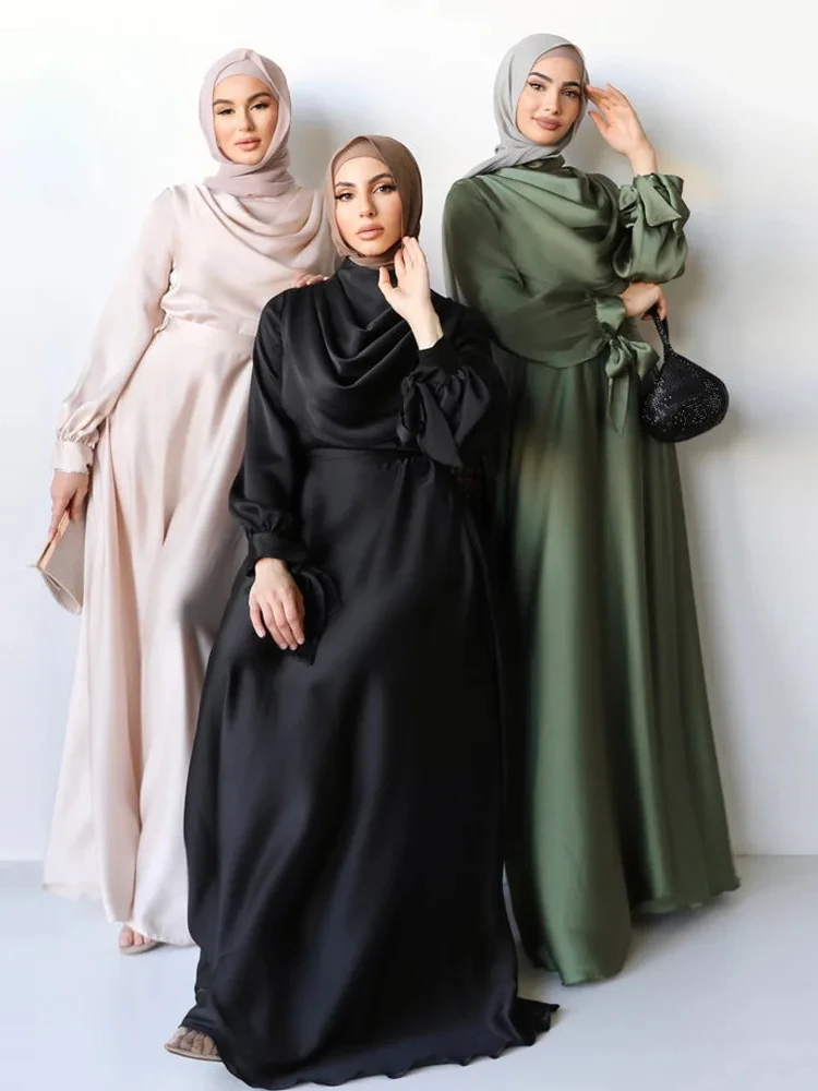 Eid Muslim Abaya Satin Dress for Women Dubai Arab Abayas Party Dress Kaftan Islam Modest Long Robe Graceful Ankle Length Morocco