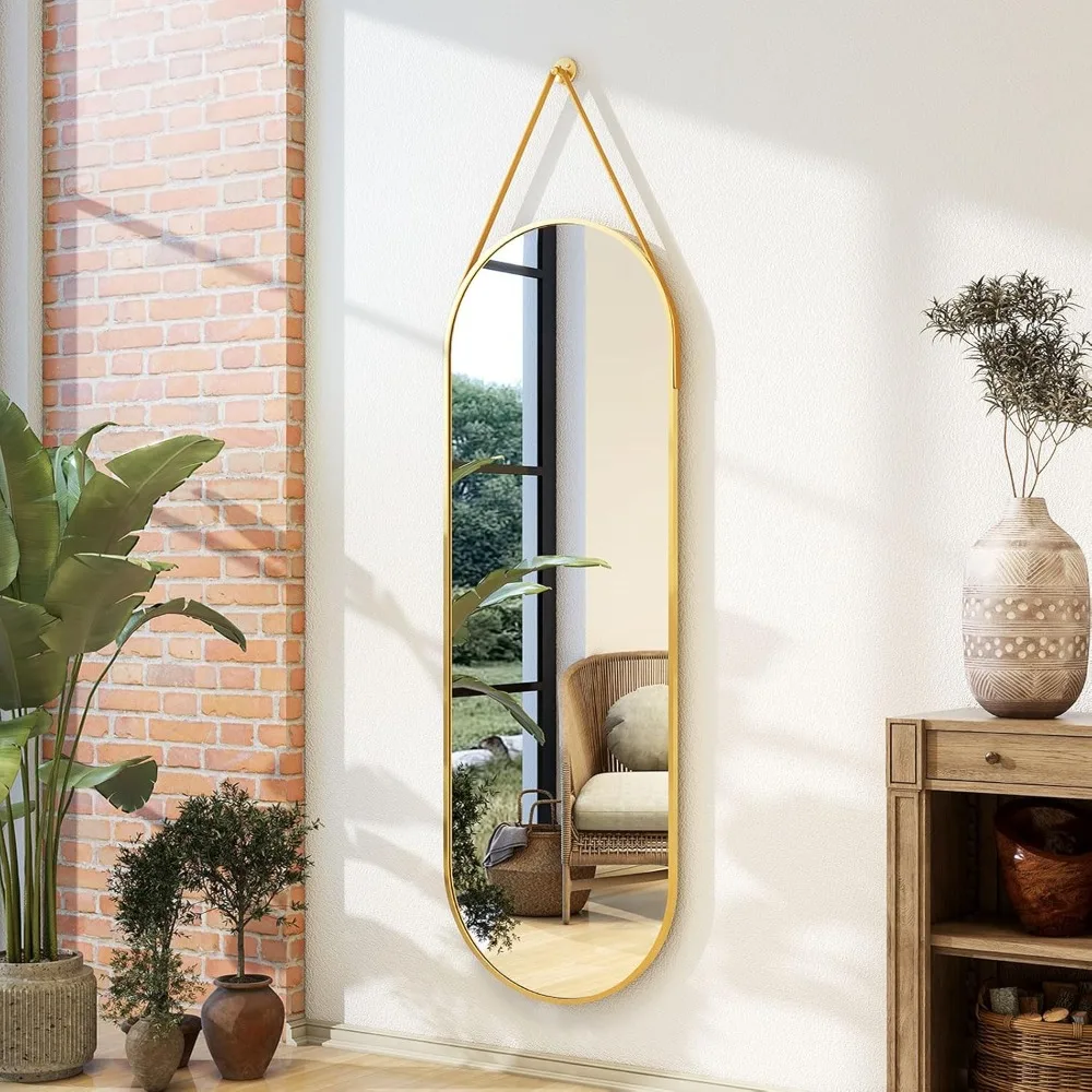 16 "X 48" Gouden Gebogen Spiegel Over De Volledige Lengte-Modern Aluminium Frame Met Hangend Lederen Koord-Ideaal