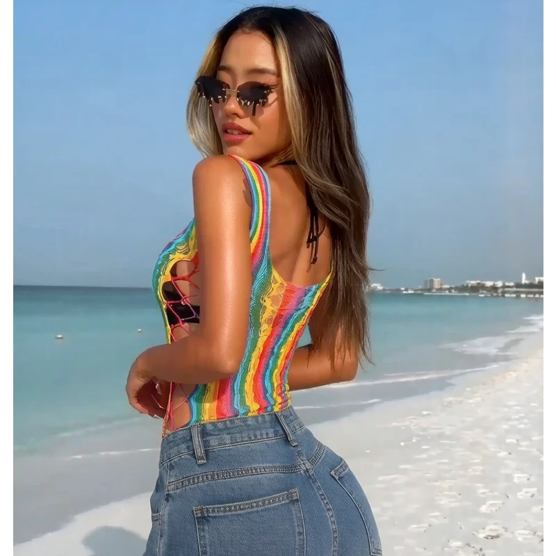 1 PC Rainbow Hollow Out See-through Top Sexy Fishnet Top Women Summer Beachwear Cover Up Swimwear without Bikini Y2K Style