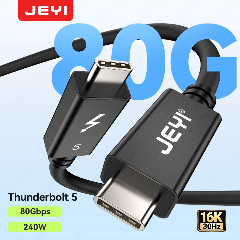 

JEYI Thunderbolt 5 USB-C Cable (0.5M)-80Gbps Bi-Directional Data,120Gbps Display,240W Charging 4K@60Hz for MacBook Pro/Monitors