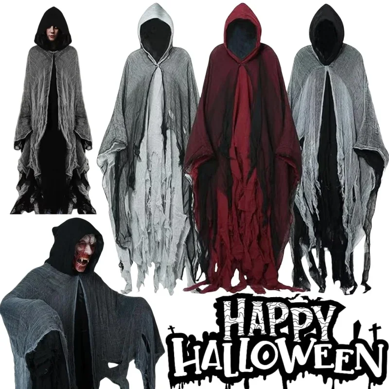 Halloween Adult Cape Witch Cloak Grim Reaper Costume Scary Haunted House Outfit Horror Prank Party Cosplay Prop for Spooky Night