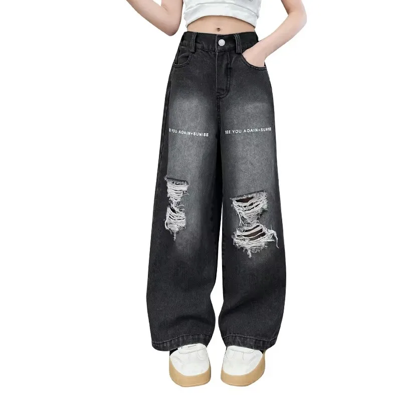 

Fashion Girls Straight Fit Ripped Jeans With Hole Kids Destroyed Denim Trousers For Teens High Street Style Broken Jeans Wear