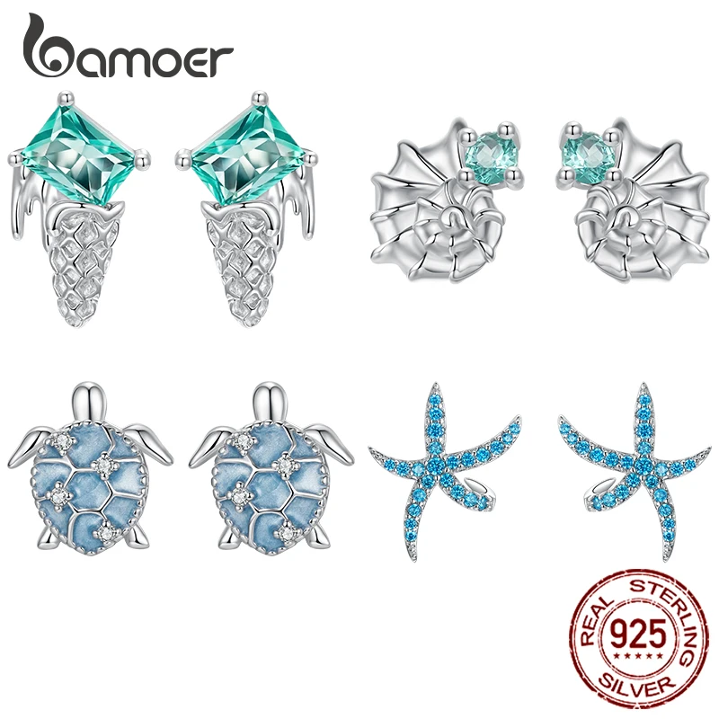 

Bamoer стерлингового серебра 925 пробы черепаха раковина морская звезда мороженое серьги-гвоздики летний пляж милые животные изящные ювелирные изделия подарки для женщин