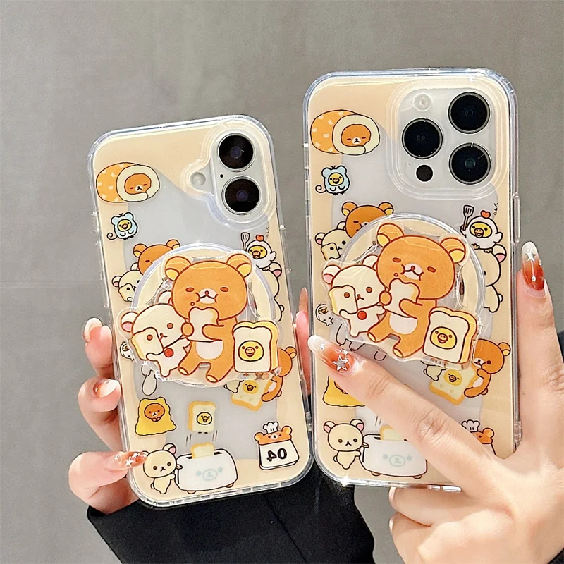 Korea Cute Illustration Daily Life Bear Magsafe Wireless Charge Case For iPhone 16 15 14 13 Pro Max Couple Bear Magnetic Holder