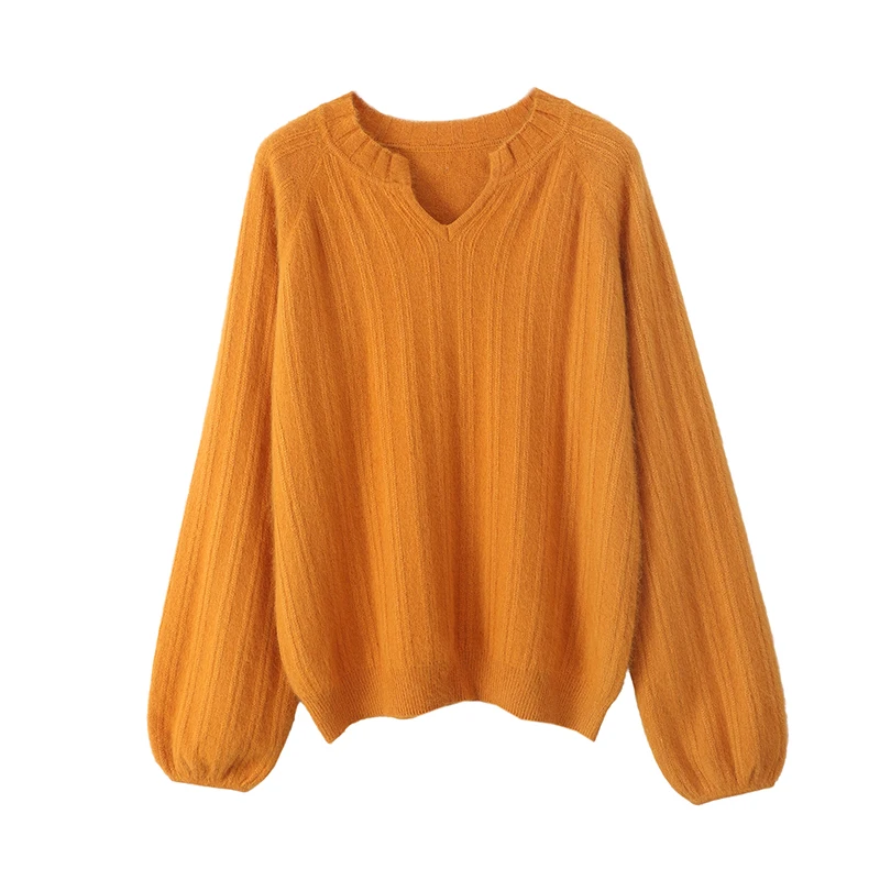 

Puff Sleeves V-Neck Thick 100% Mink Cashmere Women's Casual Loose Pullovers Sweater Autumn Winter Soft Warm Knitwear Tops