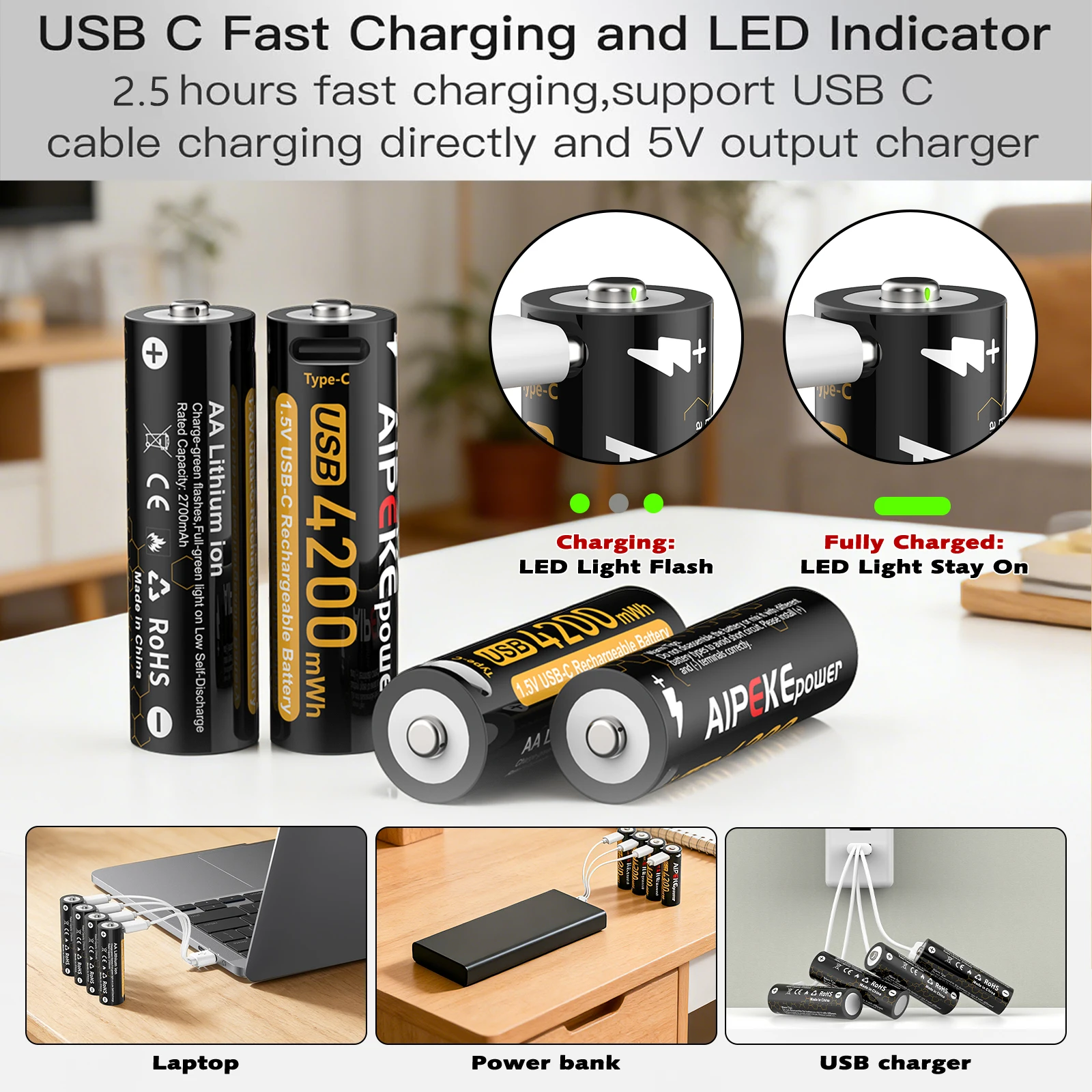 AIPEKE 1.5V USB AA Rechargeable Lithium Battery 4200mWh AA Rechargeable Batteries 2000 Cycles Long Lasting for Toy Xbox Series X