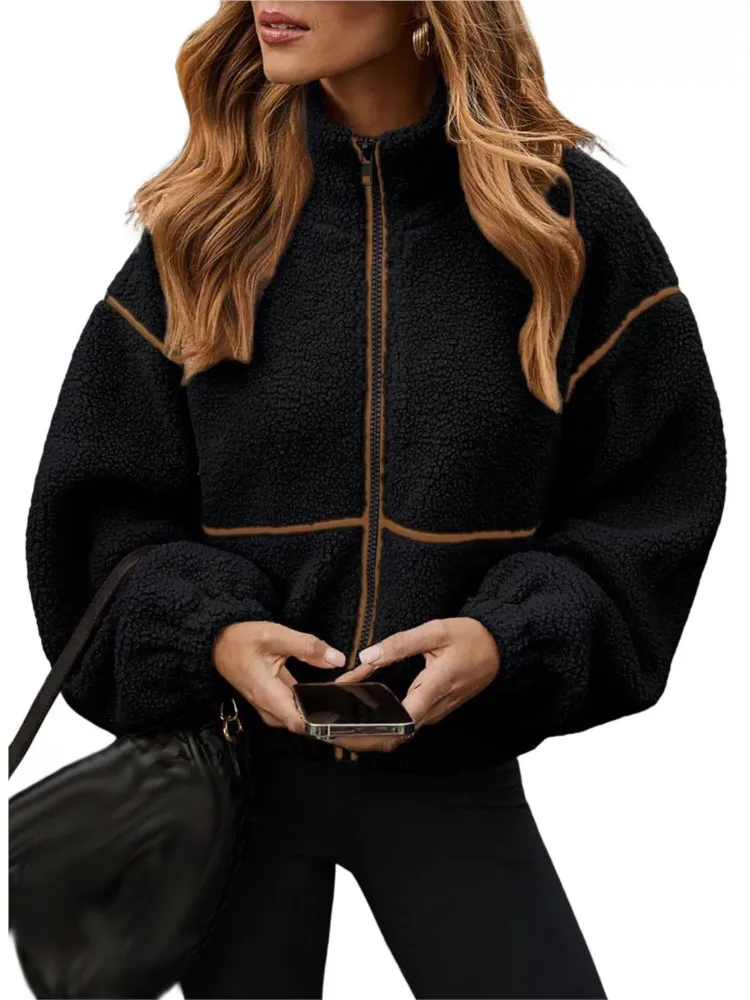 معطف سترة كاجوال مرقع للنساء موضة سادة بأكمام طويلة ورقبة ثابتة وسحاب معاطف علوية ملابس نسائية للعطلات ملابس الشارع الشهير #2