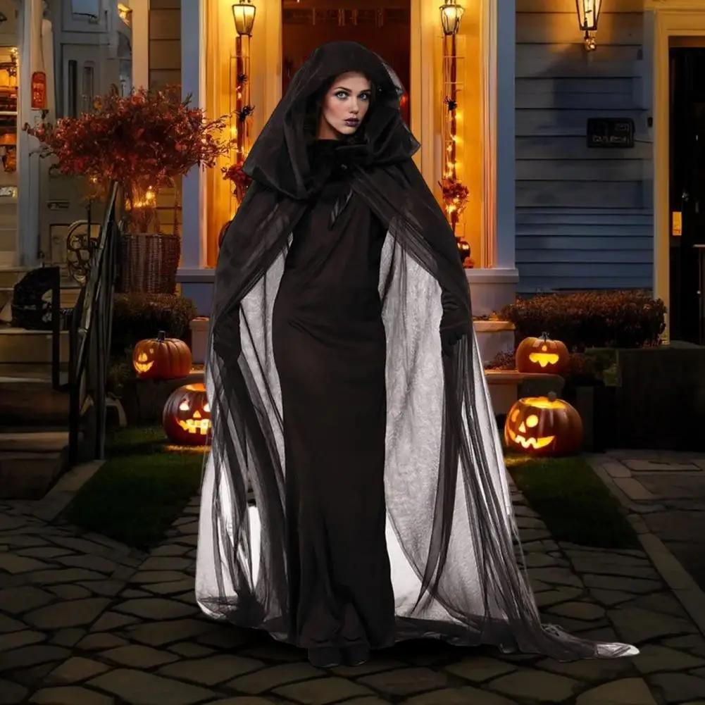 Halloween Ghost Cosplay Costume Cloak Adult Hooded Lace-up Witch Cloak Costume Full-Length Sheer Cape with Oversized Hood - Image 3