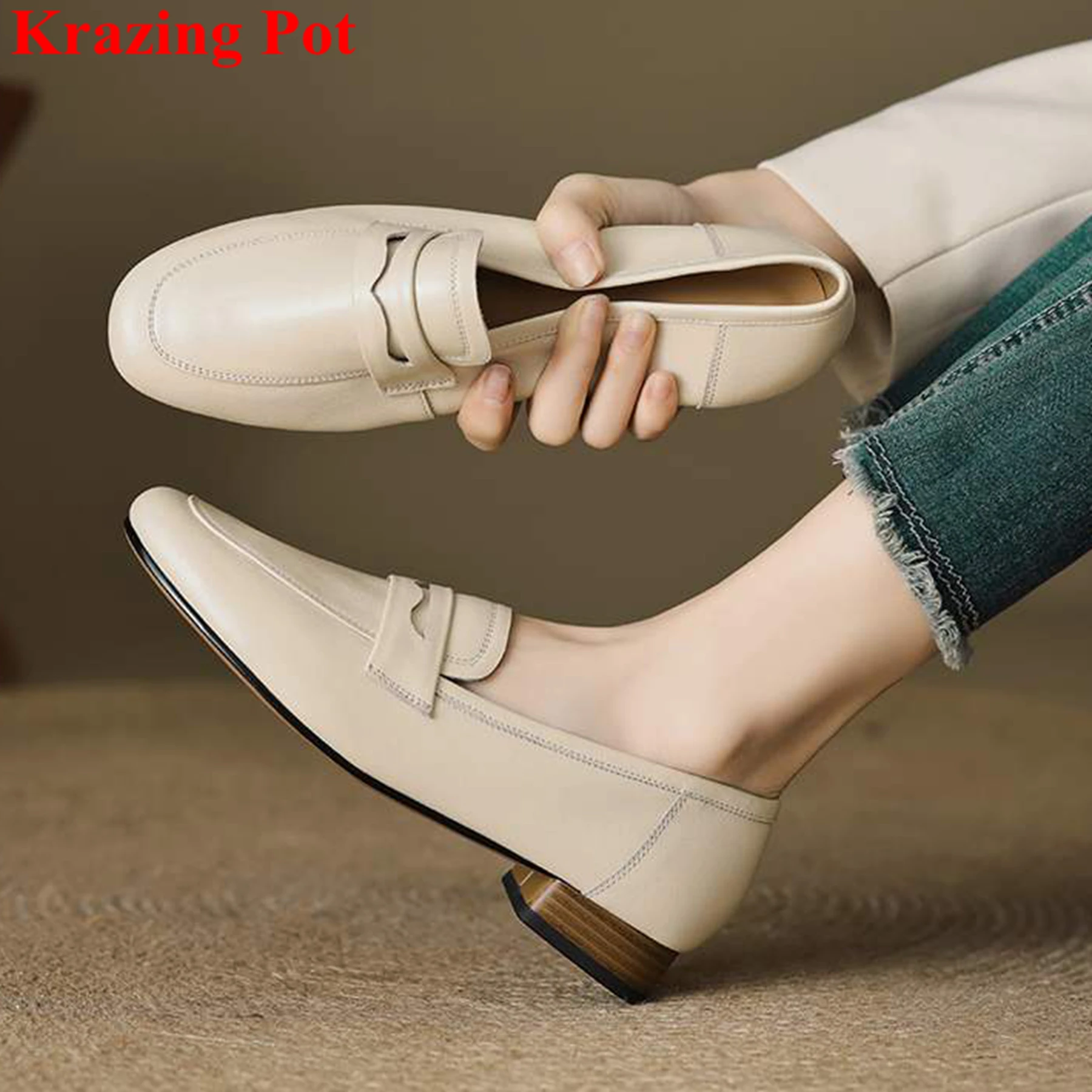 Krazing Pot Plus Size Sheepskin Round Toe Low Heels Shallow Spring Autumn Shoes Dating Party Elegant Loafers Casual Women Pumps