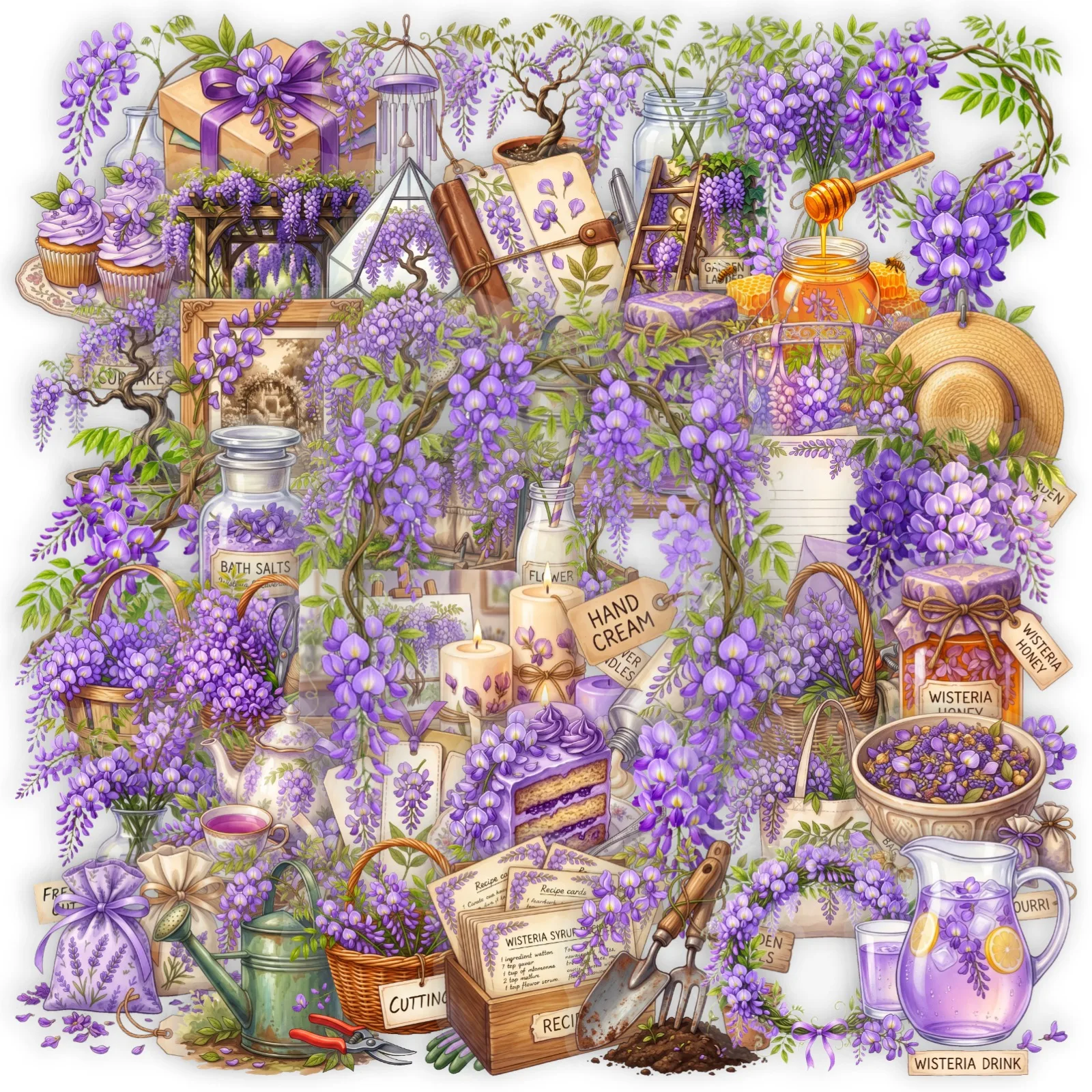 50Pcs Transparent PET Wisteria Journal Stickers for Skateboard Helmet Reward DIY Vintage Garden Life Decor Decals