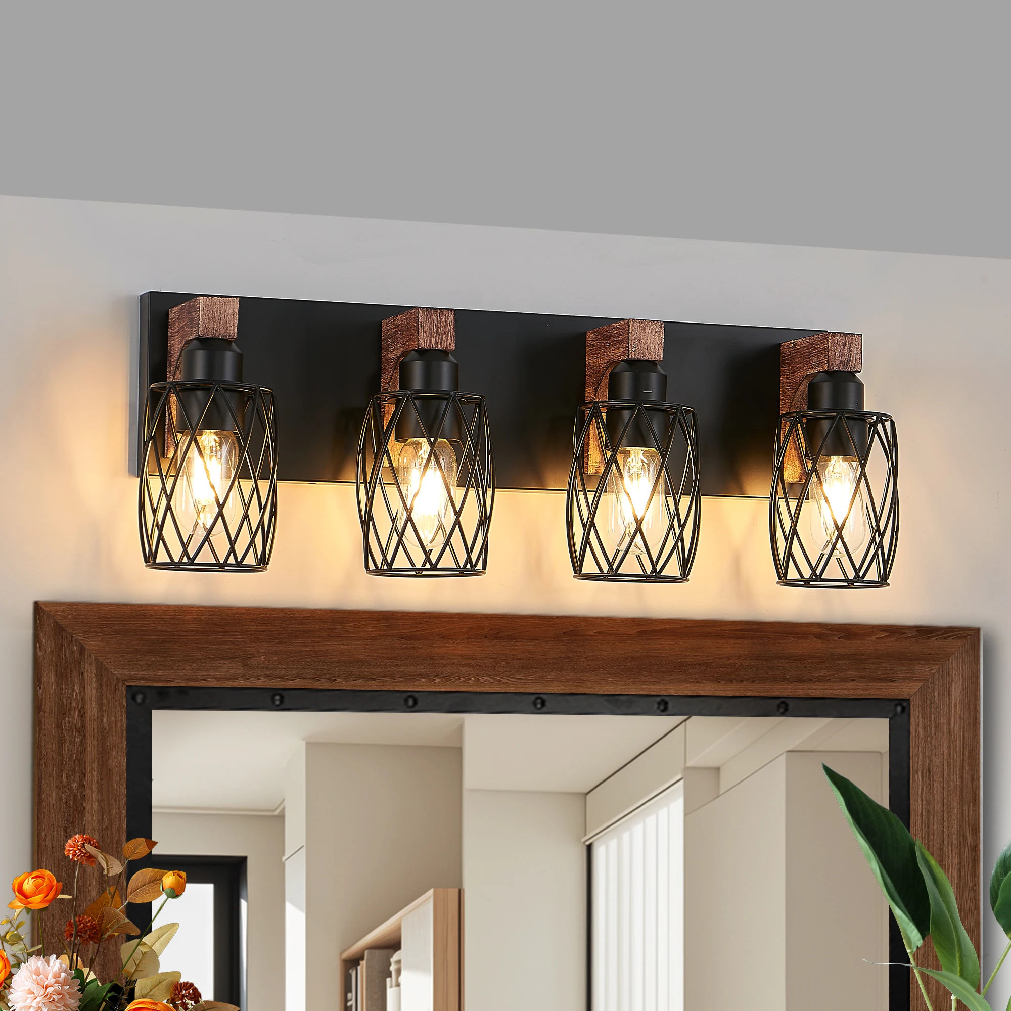 

24" Industrial Vintage 4-Light Wall Sconce - Black Cage Wall Lighting Fixture with Wooden Accents