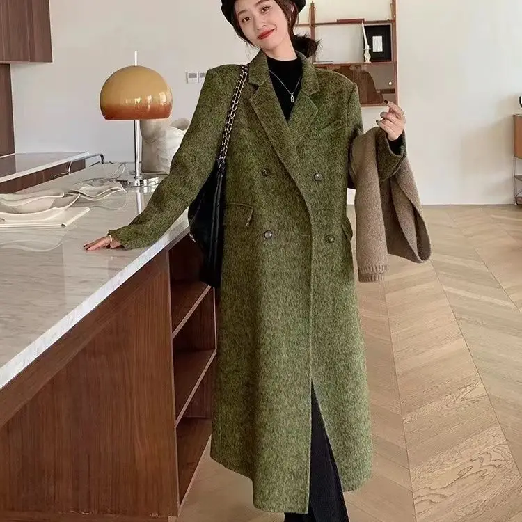 

Korea Double-Sided Wool Coat Women Autumn Winter Hot-Selling Model Hepburn Style Front Shoulder Design Comfortable Long Top