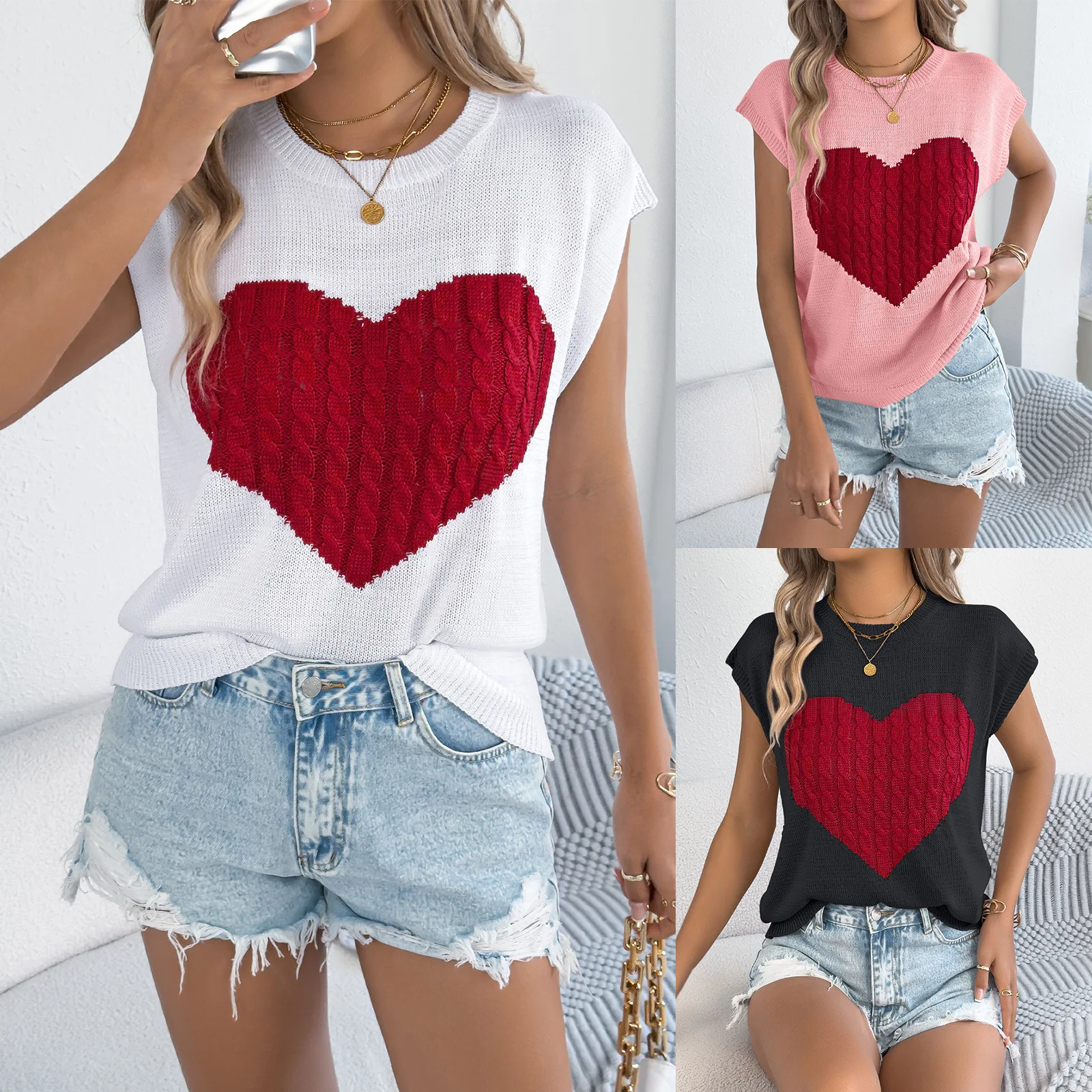 

Oversized Knit Sweater Color Block Heart Design Casual Loose Fit Valentine Top