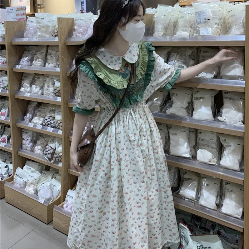 Mori Girl Style Vintage Floral Embroidery Women Dress Summer Sweet Cute College Aesthetic Ruffled Doll Collar A-Line Long Dress