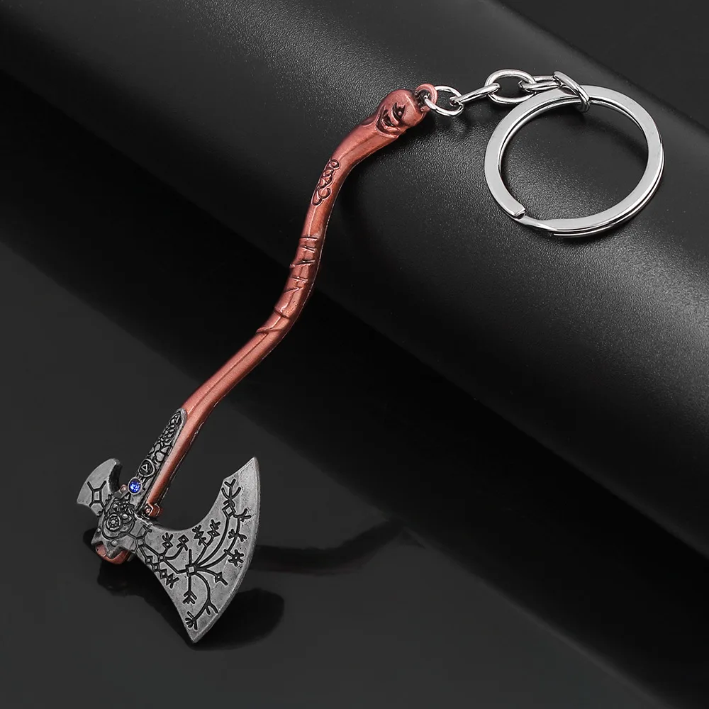 60Pcs/Lot Punk Fashion Jewelry God of War 4 Kratos Axe Keychains Exquisite Crystal Carved Pattern Pendant Key Holder Souvenir