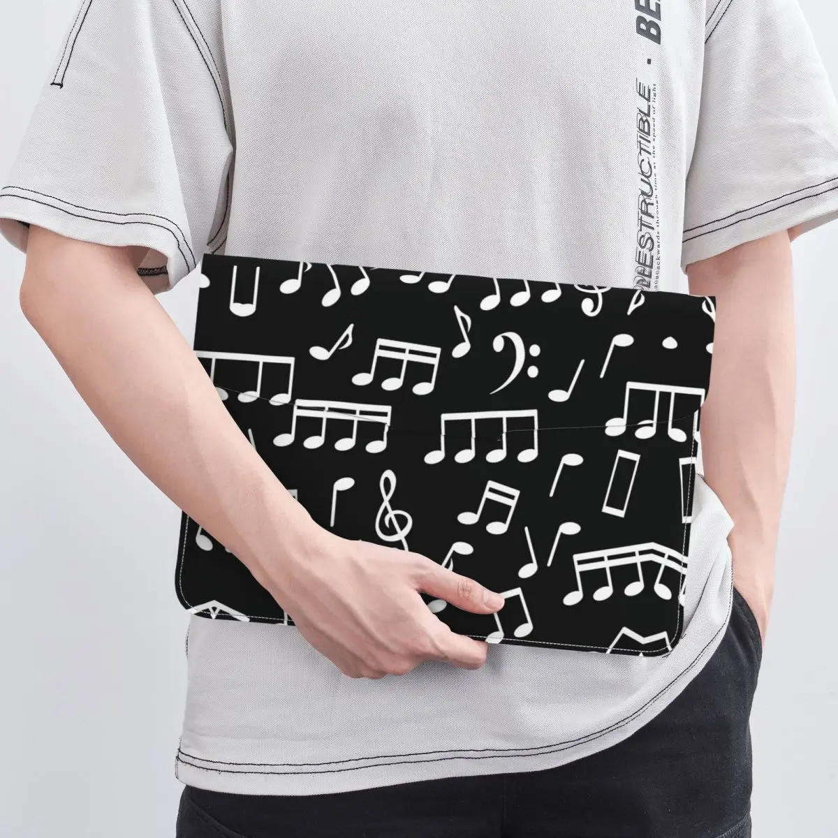 White Music Notes On Black Background PU Leather Horizontal Laptop Sleeve Shockproof Soft Lining Notebook Case 13 Inch
