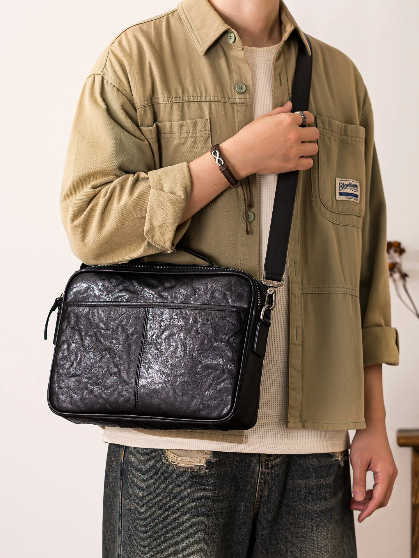 PNDME business casual genuine leather men's black messenger bag fashion daily commuting first layer cowhide work shoulder bag