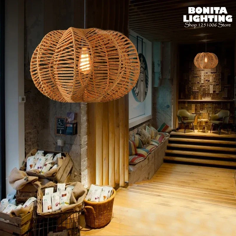 

EdisonRetro hanging lamps American Rural Retro pendant lights for restaurants Creative Pumpkin Hemp Rope Weave cord pendant lamp
