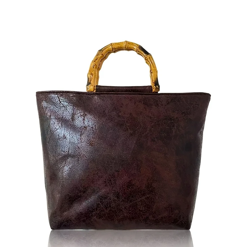 Vintage Distressed Cracked Large-Capacity Tote Bag for Women, High-Quality Faux Bamboo Handle Design, Dark Brown Vintage-Style - view 6