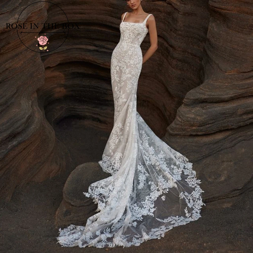 ROSEINTHEBOX Customized Spaghetti Straps Elegant Dreamy White Lace Mermaid Wedding Dresses Square Neckline Romantic Bridal Dress