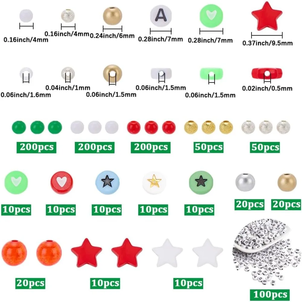 930pcs 16 Styles Christmas Acrylic Beads Kit Round Flat Star Opaque Plastic Holiday Theme Loose Spacer Bead Charms Bulk