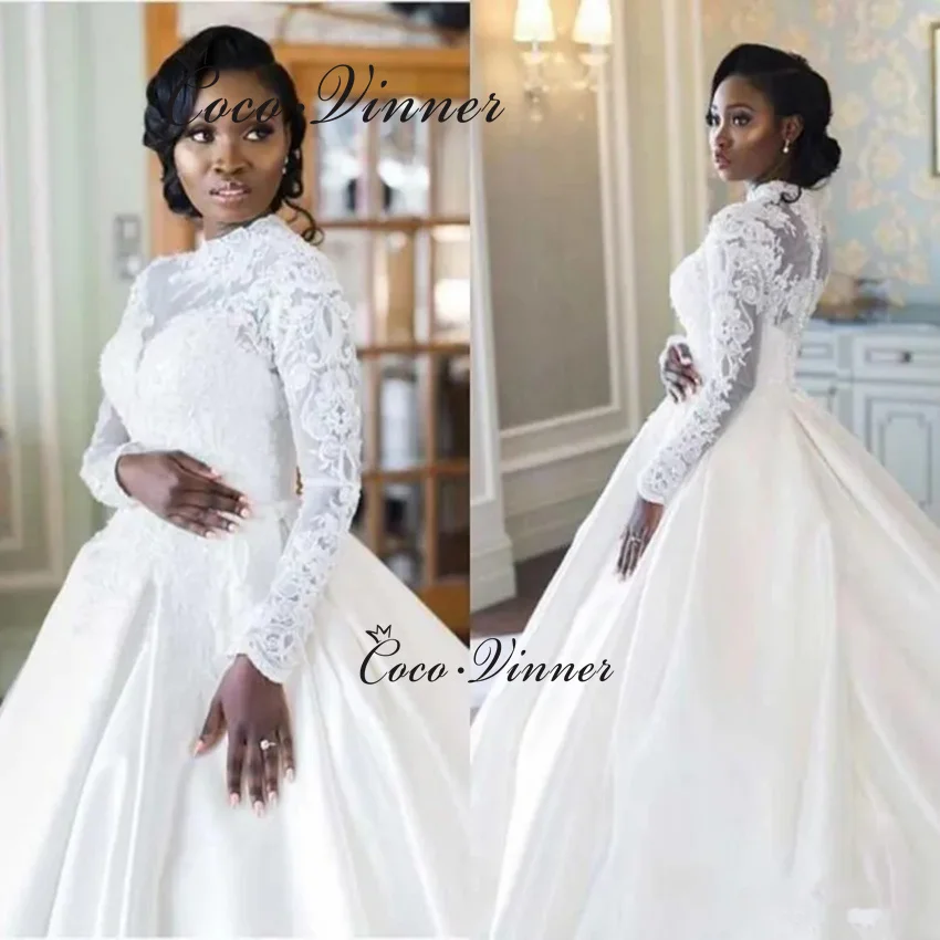 

Элегантное африканское атласное свадебное платье по индивидуальному заказу, классическое арабское свадебное платье с высоким воротом и длинными рукавами на молнии и пуговицах сзади W1389