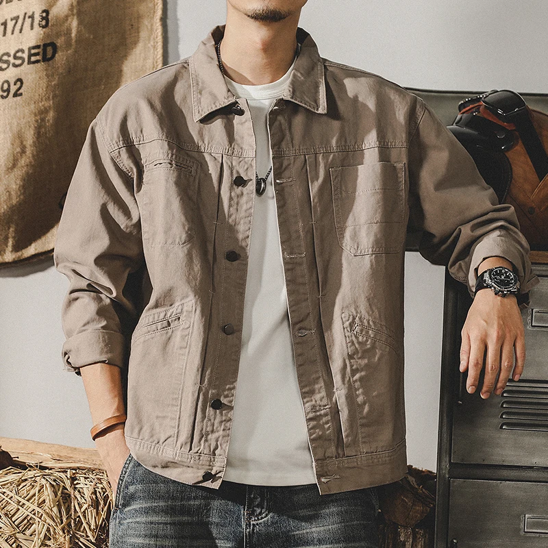 

American Sle Casual Jaet for Men Trendy Spring Autumn Cotton Blend Fabric Workwear Jaet with Multiple kets