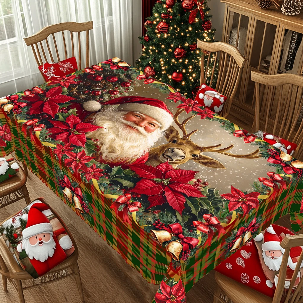 1Pc Merry Christmas Theme Printed Tablecloth, Retro Country Farmhouse Style, Santa, Plaid Pattern Design, for Christmas