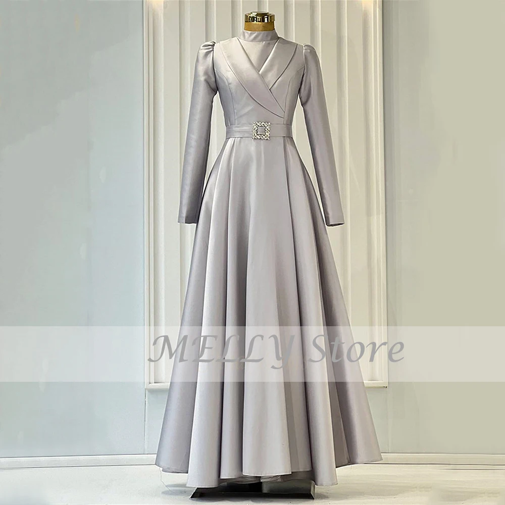 Vestidos de Noite Formal Modern 2023 Mulheres Gola Alta Completa Mangas Prom Vestidos de Cetim Até O Chão A-Line فساتين مناسبة حسب الطلب