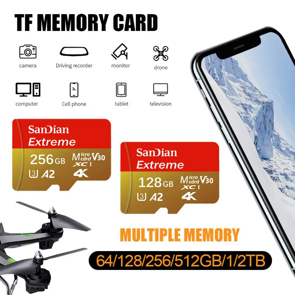 Nuovo originale Class10 ad alta velocità 2TB Micro TF SD Card 1TB SD Card scheda di memoria ad alta capacità 128GB per telefono con fotocamera con adattatore