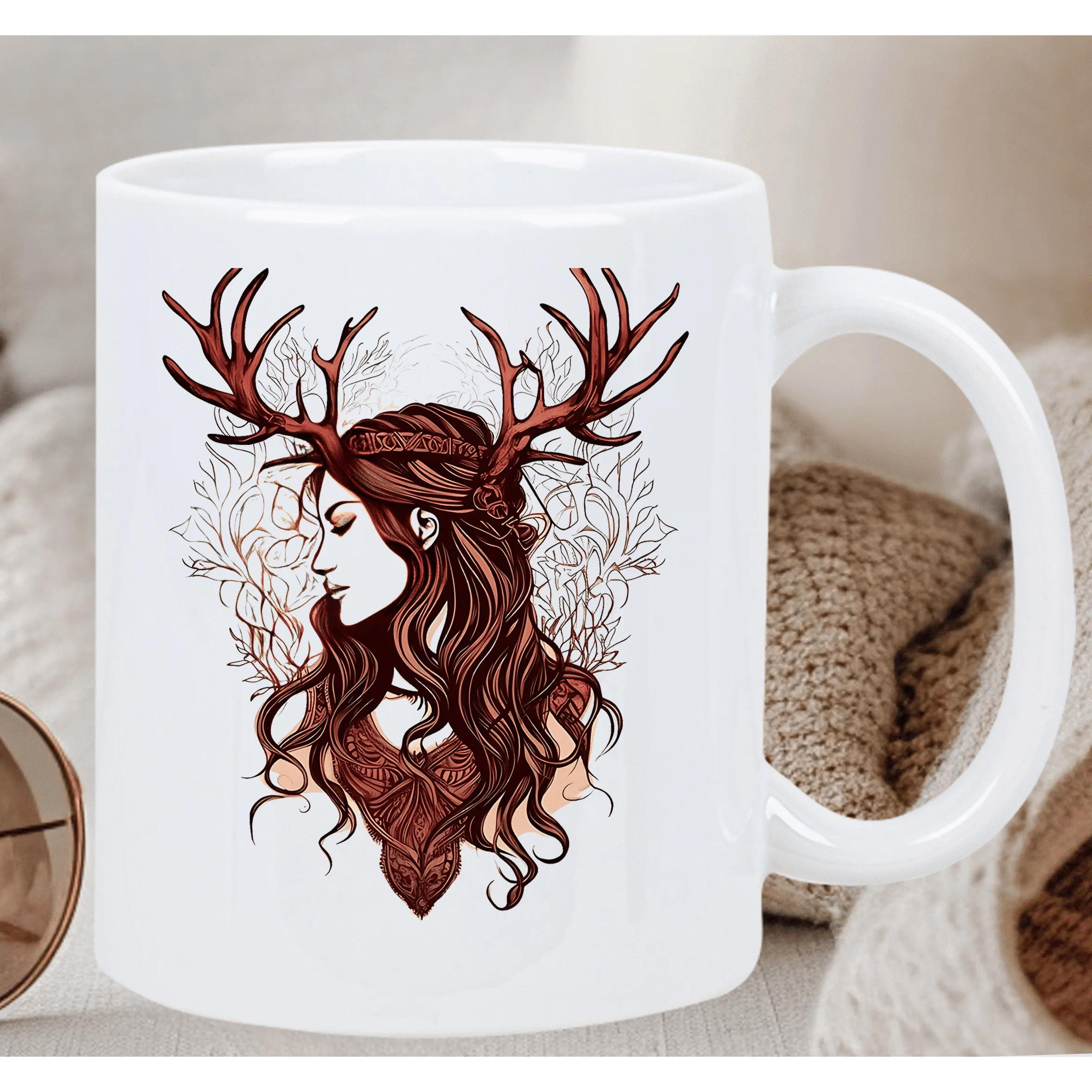 Forest Spirit Ceramic Mug - Elegant Woman with Antlers Design, Perfect Gift for Coffee and Tea Lovers, Unique Novelty Present