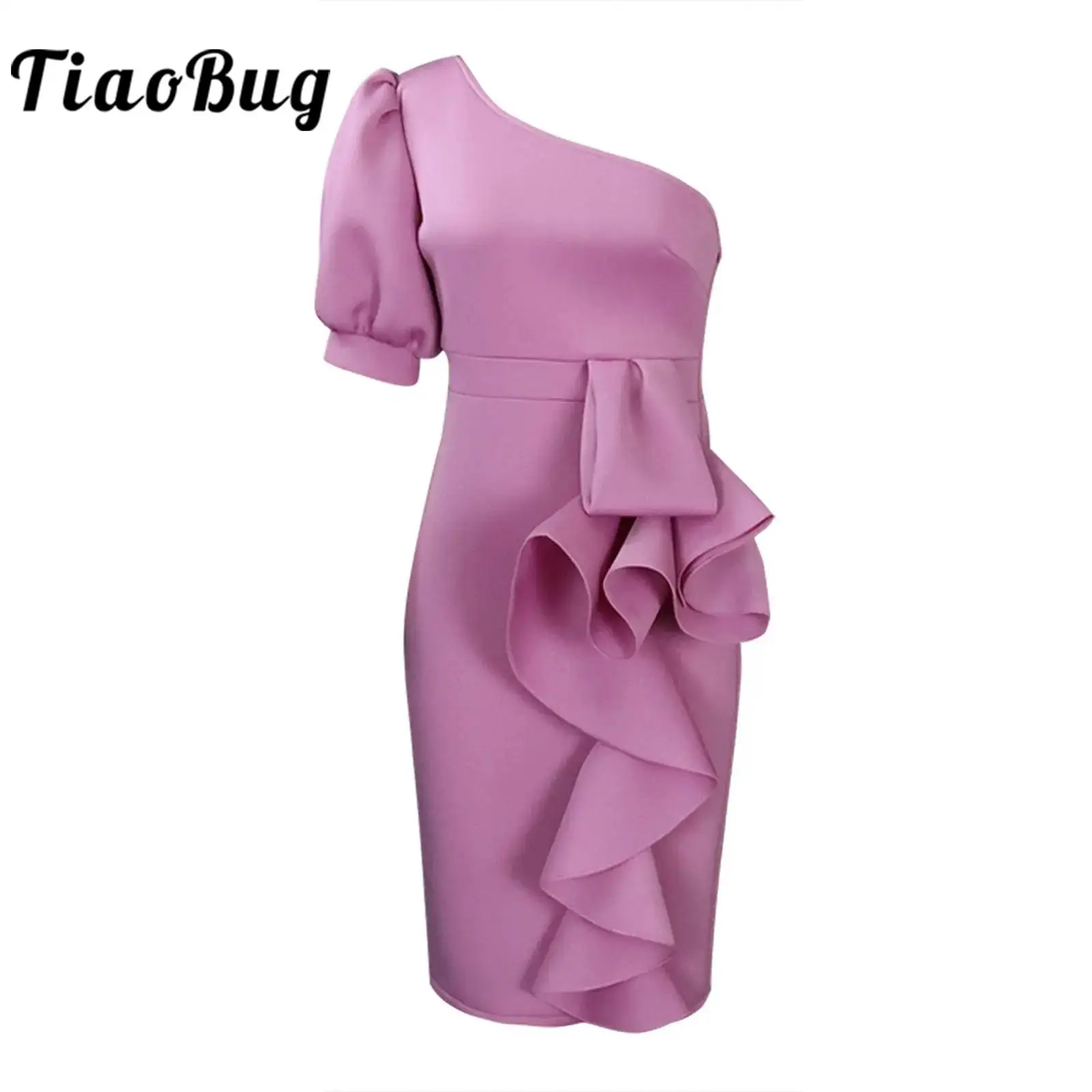 

Womens Chic One Shoulder Bodycon Dress Short Puff Sleeve Cascading Ruffled Hip Wrap Dress for Cocktails Proms Birthday Party