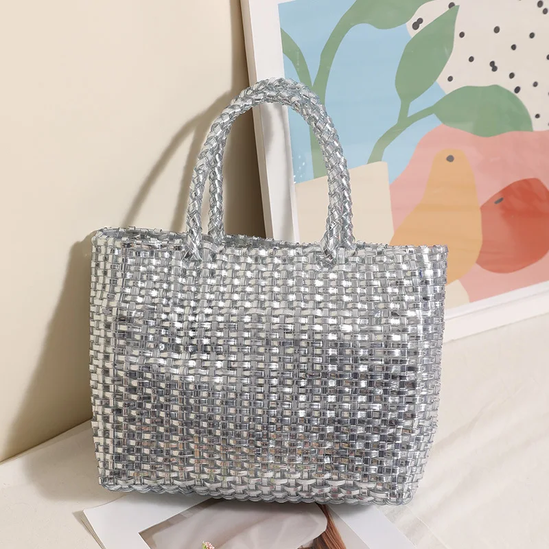2026 New Fashionable Metallic Handheld Large Capacity Woven Bag Simple and Elegant Women's Seaside Vacation Beach Bag 6