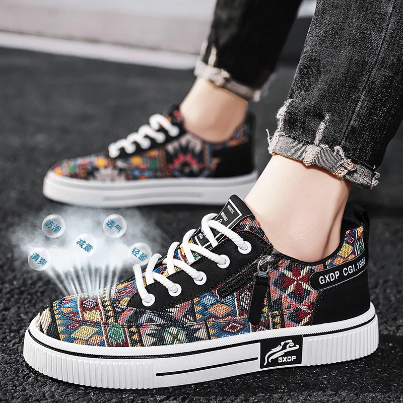 

Модные тканевые дышащие туфли на плоской платформе с увеличенной внутренней частью 38-48, новые кроссовки, повседневные мужские дизайнерские туфли для доски в этническом стиле