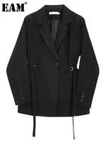 EAM Black Bandage Buckle Causal Blazer Women New Lapel Long Sleeve Loose Fit Jacket Fashion Tide Spring Autumn 2025 30A2051