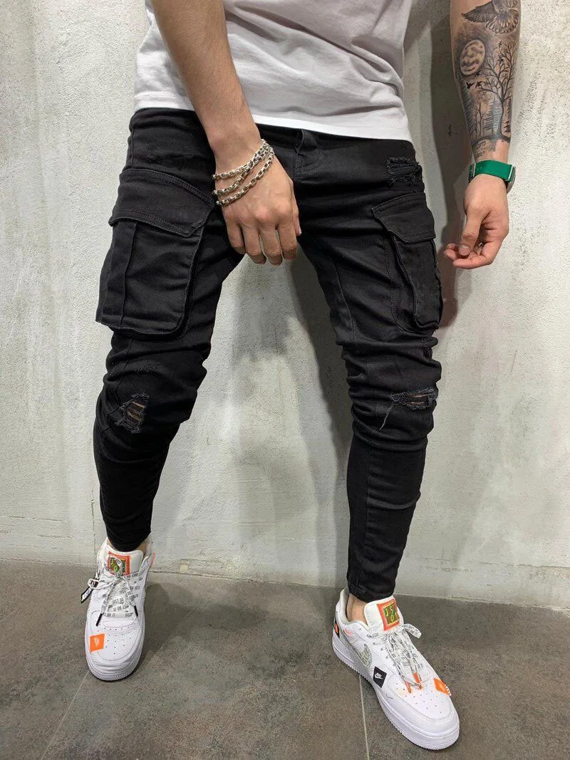 Męskie elastyczne z wieloma kieszeniami Slim Fit porwane jeansy czarne spodnie z elastyczną gumką w pasie Motociclista Cargo traight męskie męskie