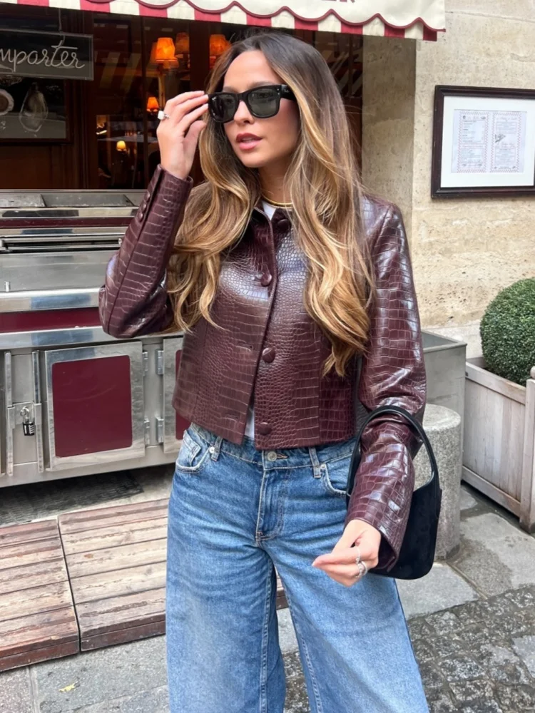 Burgundy Leather Lapel Short Jacket Woman Slim Mini Skirt Fasion Single Breasted Coat Winter Lady Commute Highstreet Streetwear