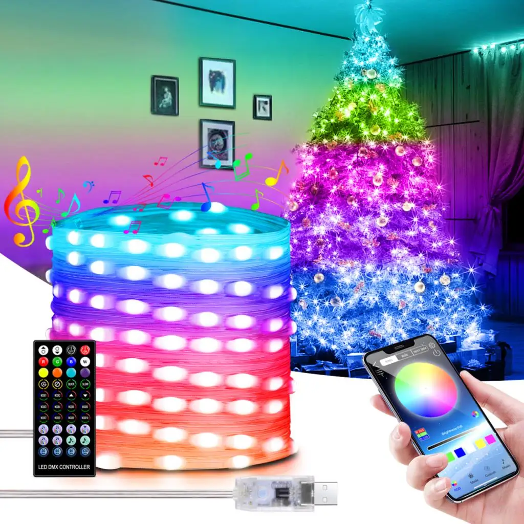 

USB Smart Bluetooth Music LED Light String Dream Color App WS2812B RGBIC Strip Christmas Tree Decor New Year Fairy Light Garland