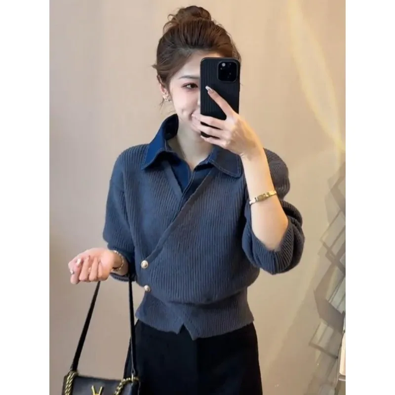 

Autumn Small People Wear Thin Fashion New Autumn and Winter Short Knitted Cardigan Sweater Versatile Denim Splicing Top New
