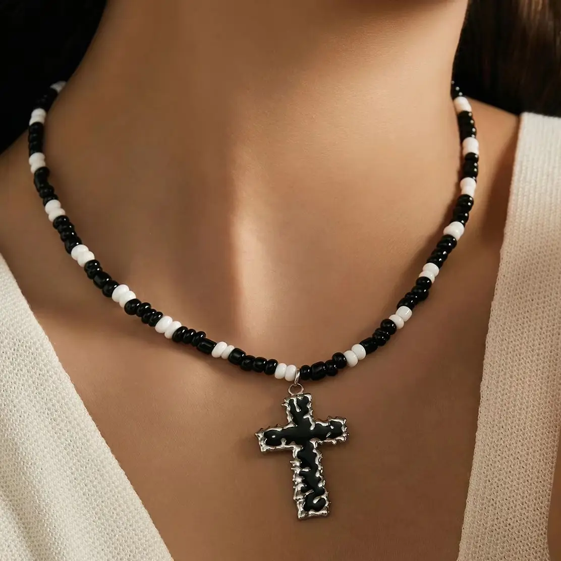 Stainless Steel Black Cross Necklace Women Vintage Punk Minimalist Geometric Pendant Necklace Collar Jewellery