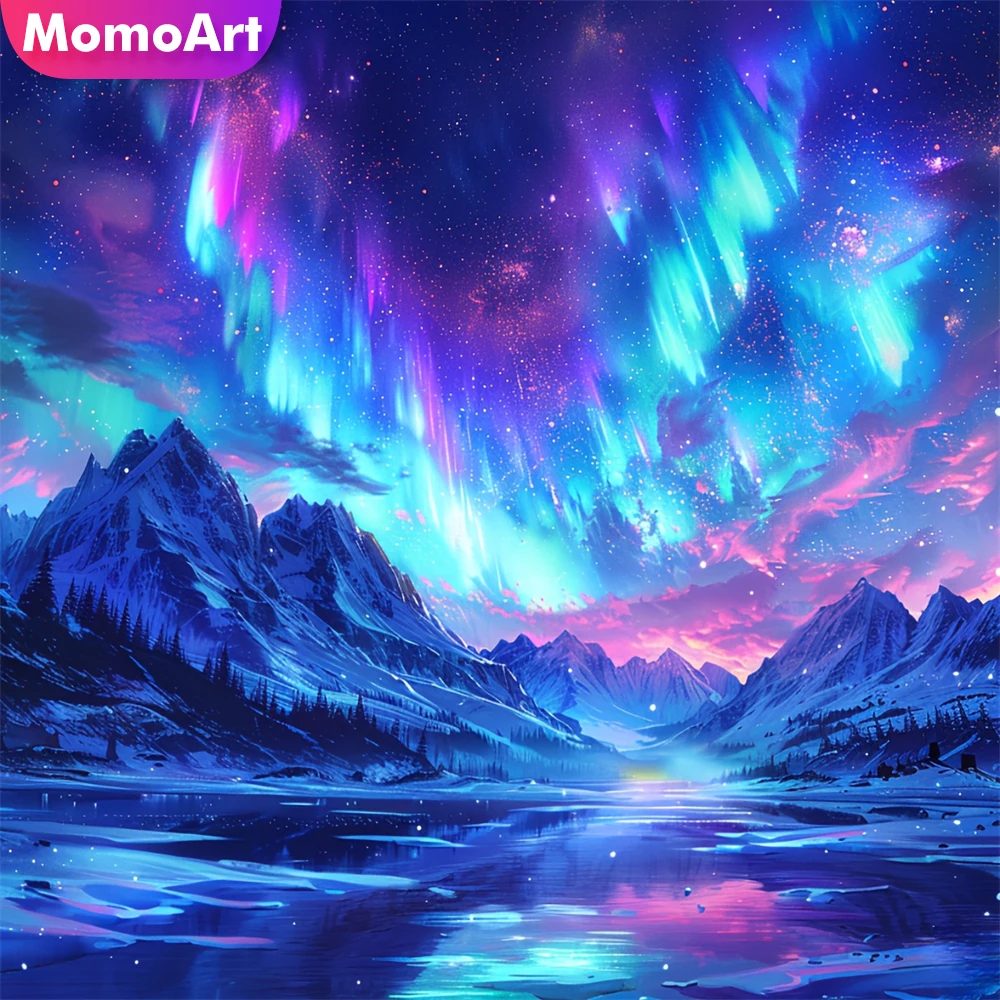 Momoart Diamant-Stickerei, Berglandschaft, DIY-Gemälde, Flussbild von Strasssteinen, Diamant-Mosaik, Aurora, Kind, Hobby