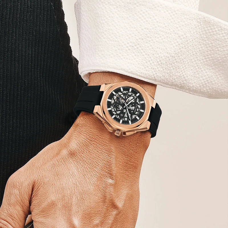 Daniel Gorman DG8110 Relojes automáticos ahuecados a la moda Reloj deportivo con manecillas luminosas a prueba de agua con correa de silicona