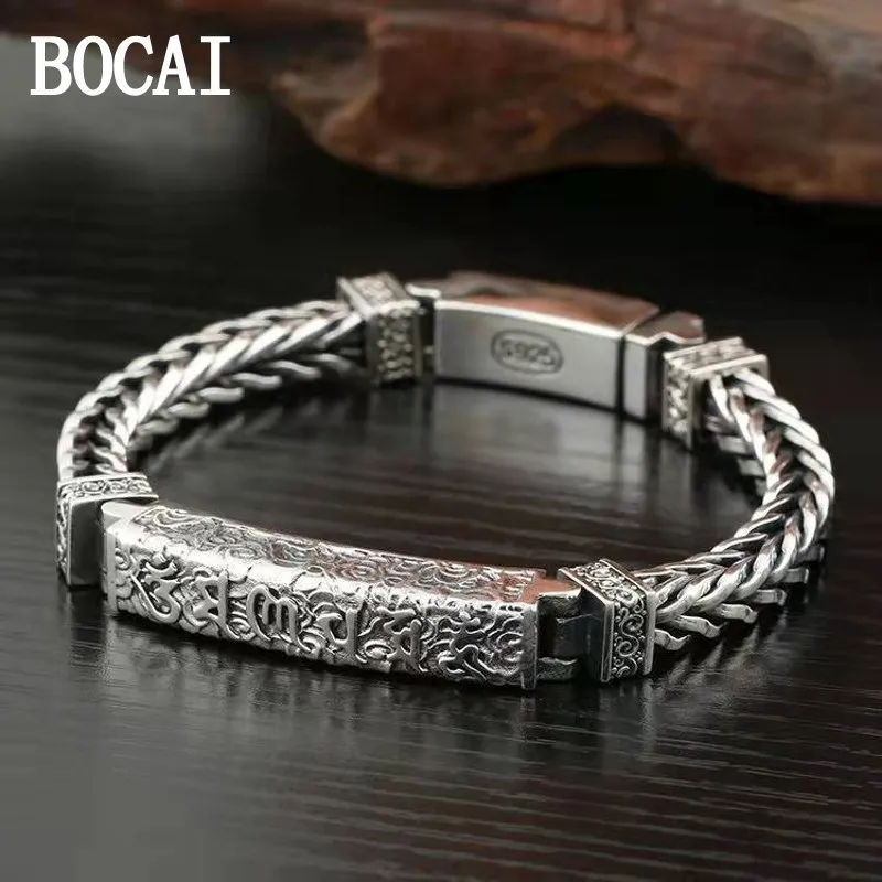 BOCAI New S925 Silve Fashion Retro Personality National Style 6mm  Om Mani Padme Hum Bracelet Men