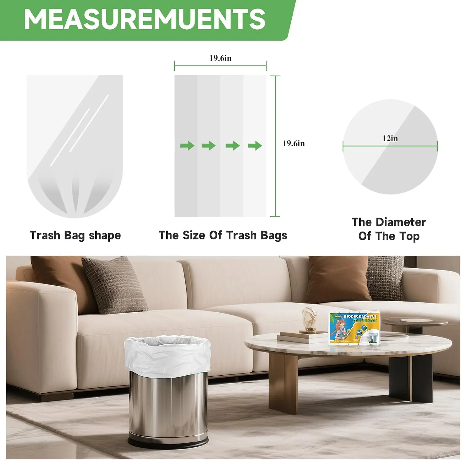 Compostable 5-Gallon Garbage Bags Unscented - Heihaily Small Clear White Trash Bag Bulk 5 Rolls 100 Count Biodegradable Disposable Wastebasket Liners Strong Durable for Kitchen Bathroom Outdoor